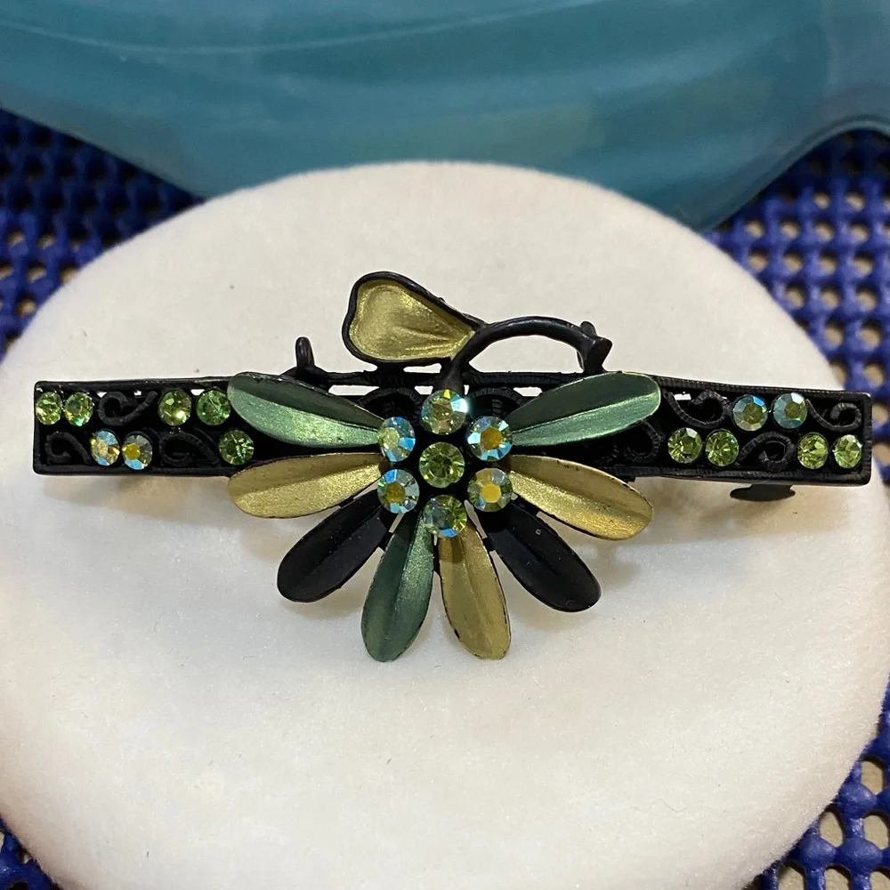 Elegant Black and Green Floral Hair Barrette 4 inch